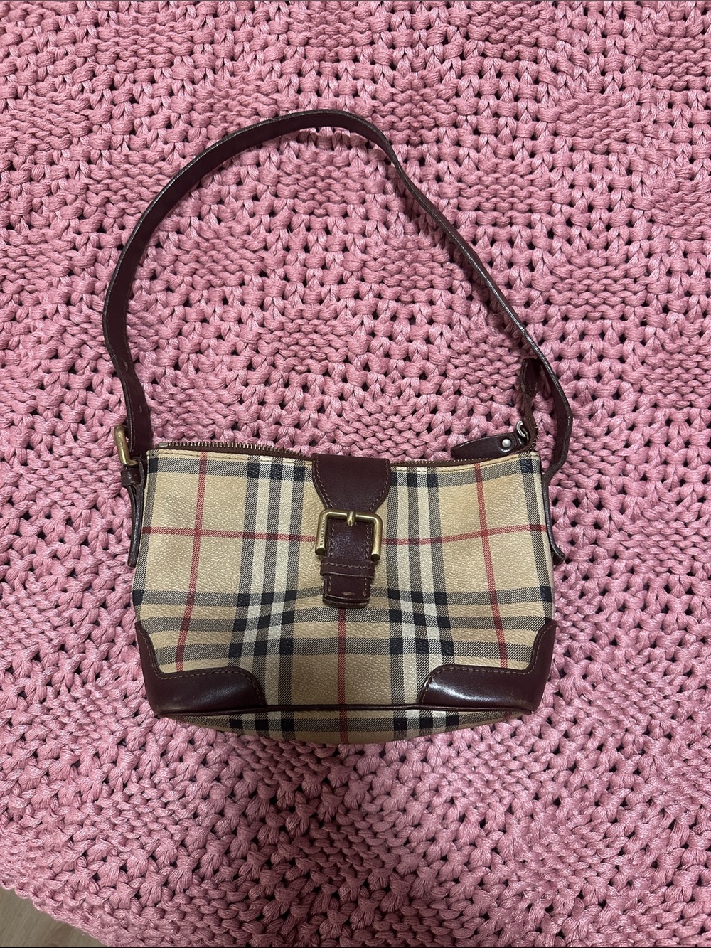 Authentic BURBERRY Check Shoulder Bag in Beige and Brown